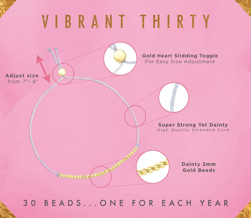 Lucky Feather 30th Birthday Gifts for Women| 30th Birthday Bracelet 14K Gold, Silver, Rose Gold Dipped Beads on Adjustable Cord | gifts for women birthday unique | Vibrant thirty - Image 3